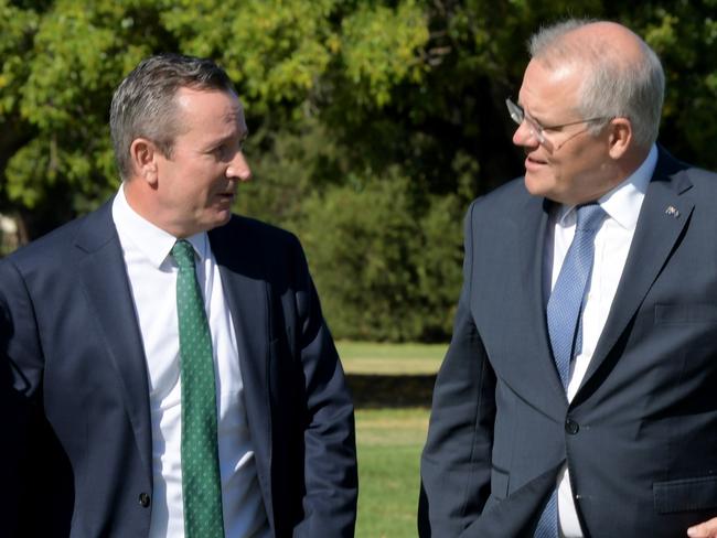 PERTH , AUSTRALIA - NewsWire Photos - March 17 2022. Western Australia Premier Mark McGowan (left) meets Prime Minister Scott MOrrison at McCallum Park to make a Perth City Deal announcement together. Picture: NCA NewsWire / Sharon Smith