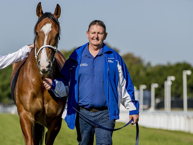 Premiership pair, Trainer Les Kelly, and jockey Ryan Plumb with Desmon's Pride at the Gold Coast Turf Club. Picture: Jerad Williams