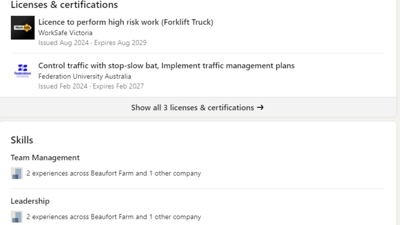 More of Burke’s LinkedIn profile. Picture: Supplied