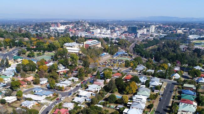 Aerial view of Ipswich looking West from East Ipswich with the CBD in the background.
