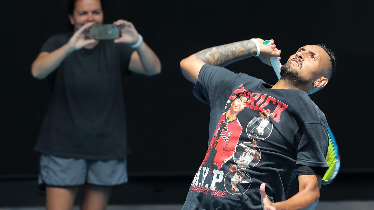 Kyrgios hitting at Melbourne Park ahead of his lead up event. Picture: