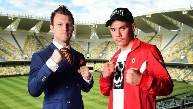 Jeff Horn and Tim Tszyu in Townsville on Monday as they prepare for the Rumble on the Reef. Picture: Alix Sweeney