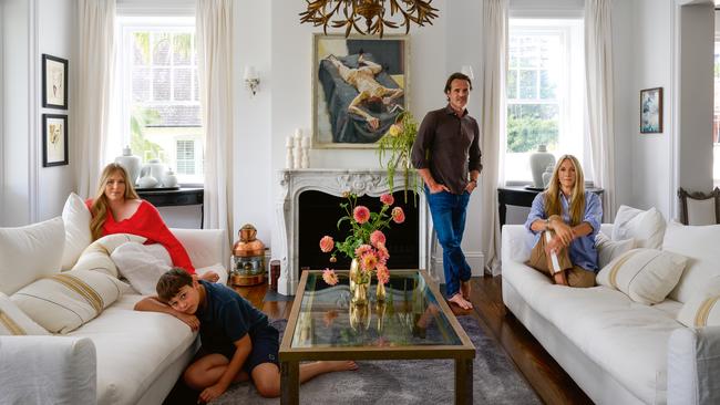 Dinnigan sharing a family moment at home with, from left, children Estella and Hunter, and husband Bradley Cocks. Picture: Earl Carter