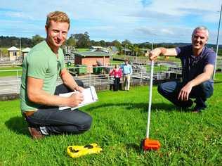 STARTING WORK: Juno Energy technical and logistics manager Jacob Wood (left) and manager Patrick Halliday (right) begin the feasibility study for the community solar farm at the East Lismore Treatment Plant.. Picture: Terra Sword of Lismore City Council