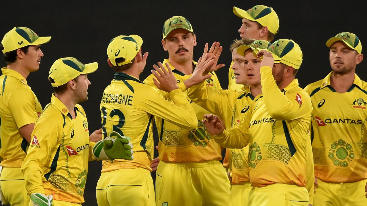 Australia’s players celebrate during their T20 win over Pakistan. Picture: AFP Images