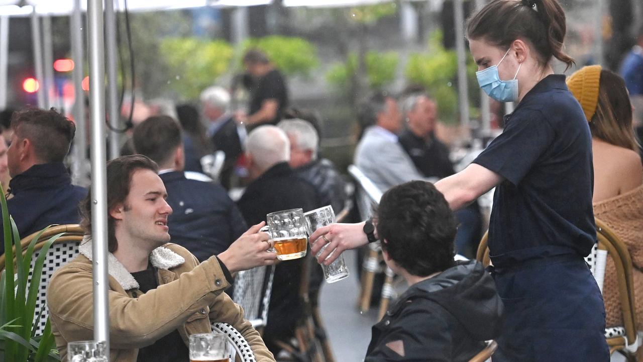 Sydney-siders enjoy a drink at the Fortune of War Hotel in The Rocks on Monday as Covid restriction are eased in NSW. Picture: NCA NewsWire / Jeremy Piper