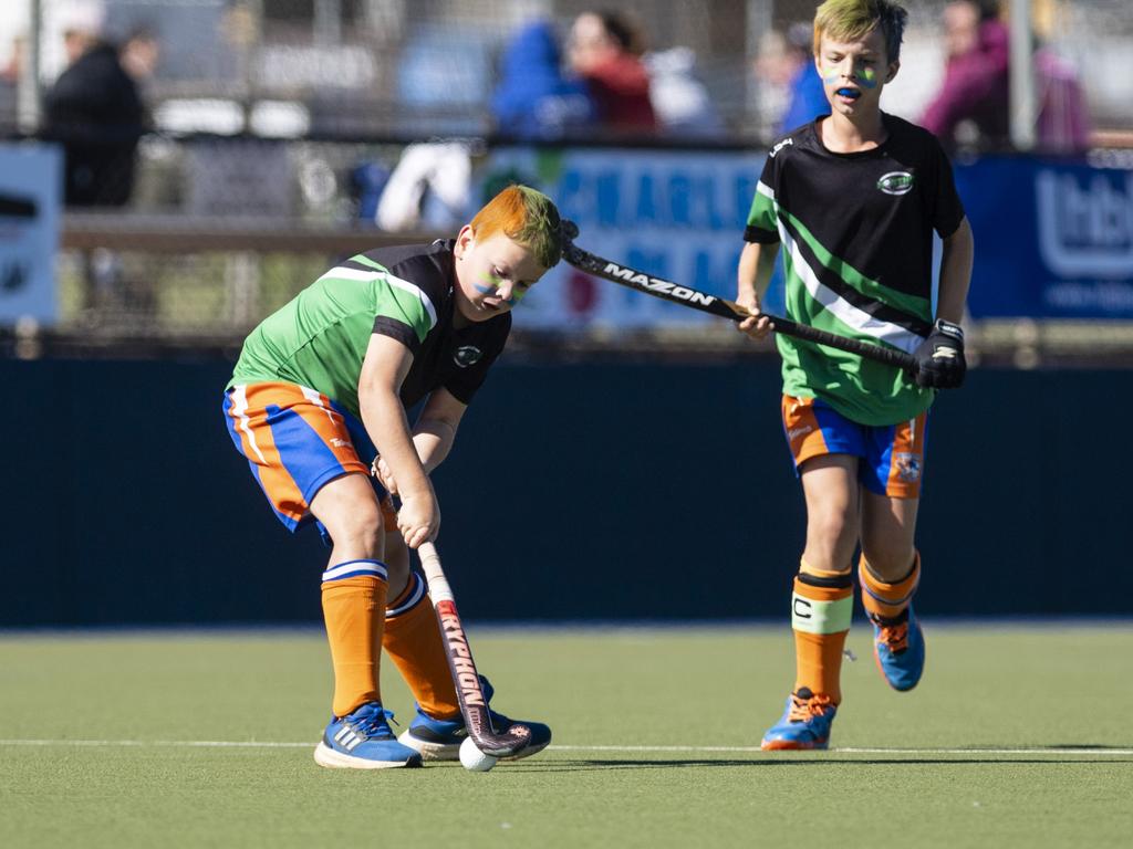 Lucas Christensen of Newtown Norths Tigers against Past High in under-11 boys Presidents Cup hockey at Clyde Park, Saturday, May 27, 2023. Picture: Kevin Farmer