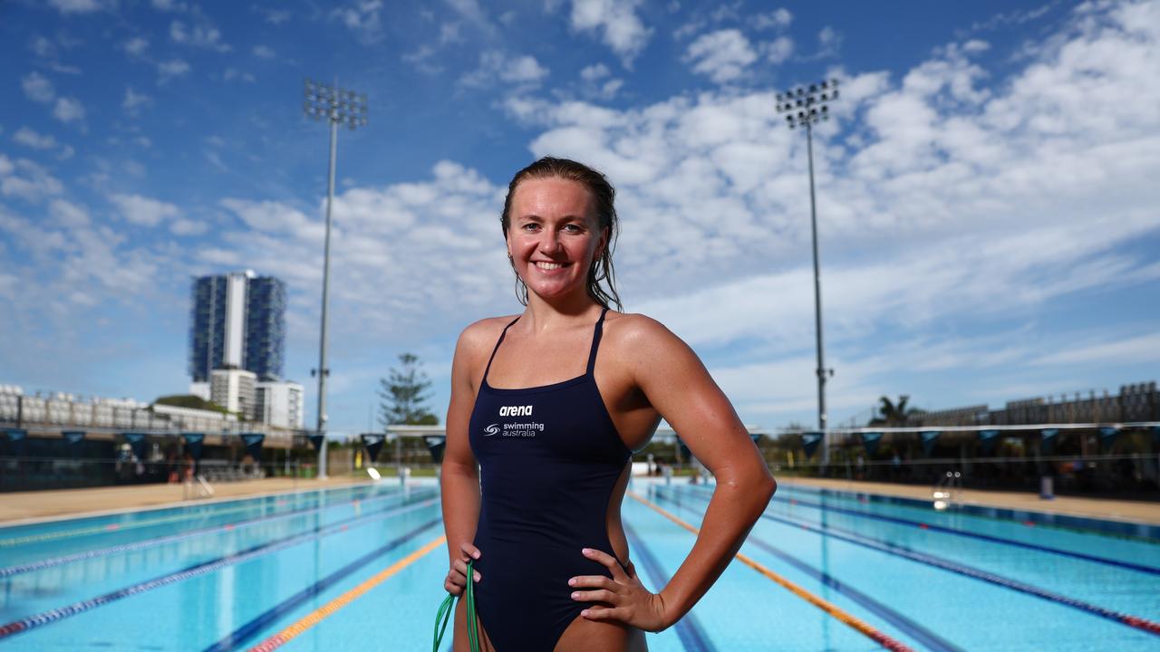 GOLD COAST, AUSTRALIA – FEBRUARY 06: Ariarne Titmus poses during an Australian Dolphins National Event Swimming Camp Media Opportunity at Gold Coast Aquatic Centre on February 06, 2023 in Gold Coast, Australia. (Photo by Chris Hyde/Getty Images)