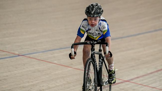 Under-11 boys’ rising star Joel Gooley concentrates at the start of his time trial on Saturday —- day two of the SA/NT Junior Track Cycling Championships. Picture: Mike Burton