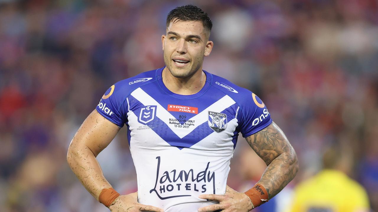 Nick Cotric of the Bulldogs looks dejected during the loss to Newcastle.