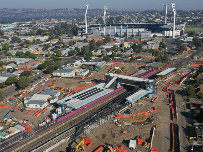 South Geelong railway station redevelopment works with GMHBA Stadium in the background. Picture: Alan Barber