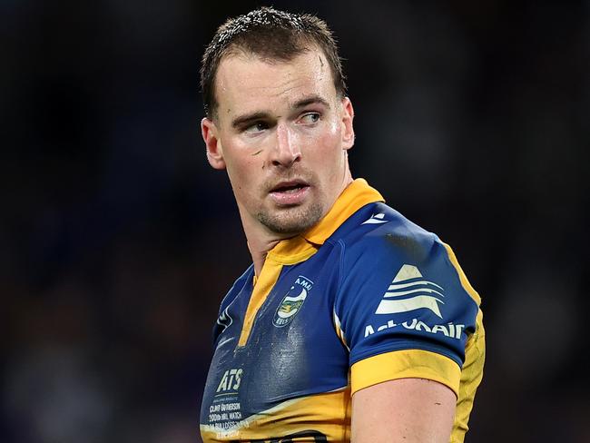 SYDNEY, AUSTRALIA - JUNE 10: Clint Gutherson of the Eels  reacts at full-time during the round 14 NRL match between Canterbury Bulldogs and Parramatta Eels at Accor Stadium, on June 10, 2024, in Sydney, Australia. (Photo by Brendon Thorne/Getty Images)