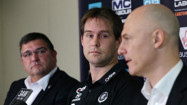 David Teague announced as Carlton's new coach.   Teague with president Mark Logiudice and CEO Caid Liddle  . Pic: Michael Klein