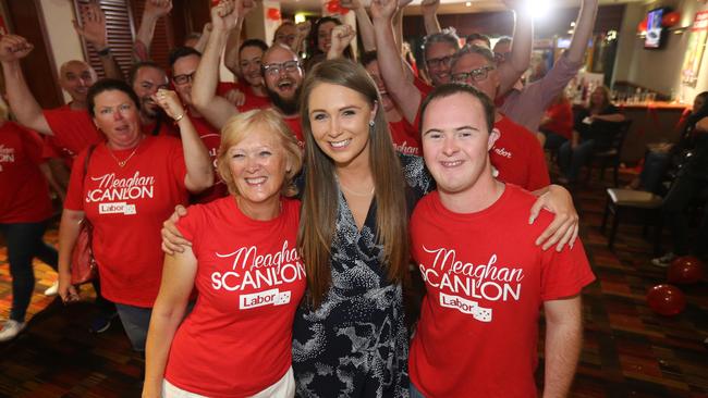 Election night and Gaven MP Meaghan Scanlon with her mother Margaret Scanlon and brother Callum, 21 and her supporters. Picture Mike Batterham