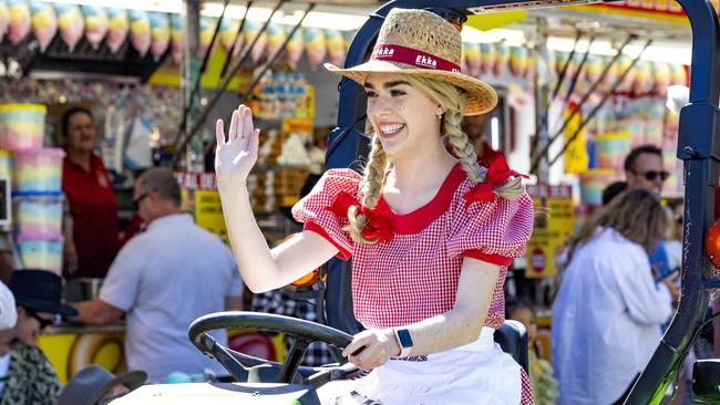 Jessica Balmer as 'Farmer Rhonda' at the parade on day one of the Ekka Royal Queensland Show at Brisbane Showgrounds, Saturday, August 12, 2023 - Picture: Richard Walker