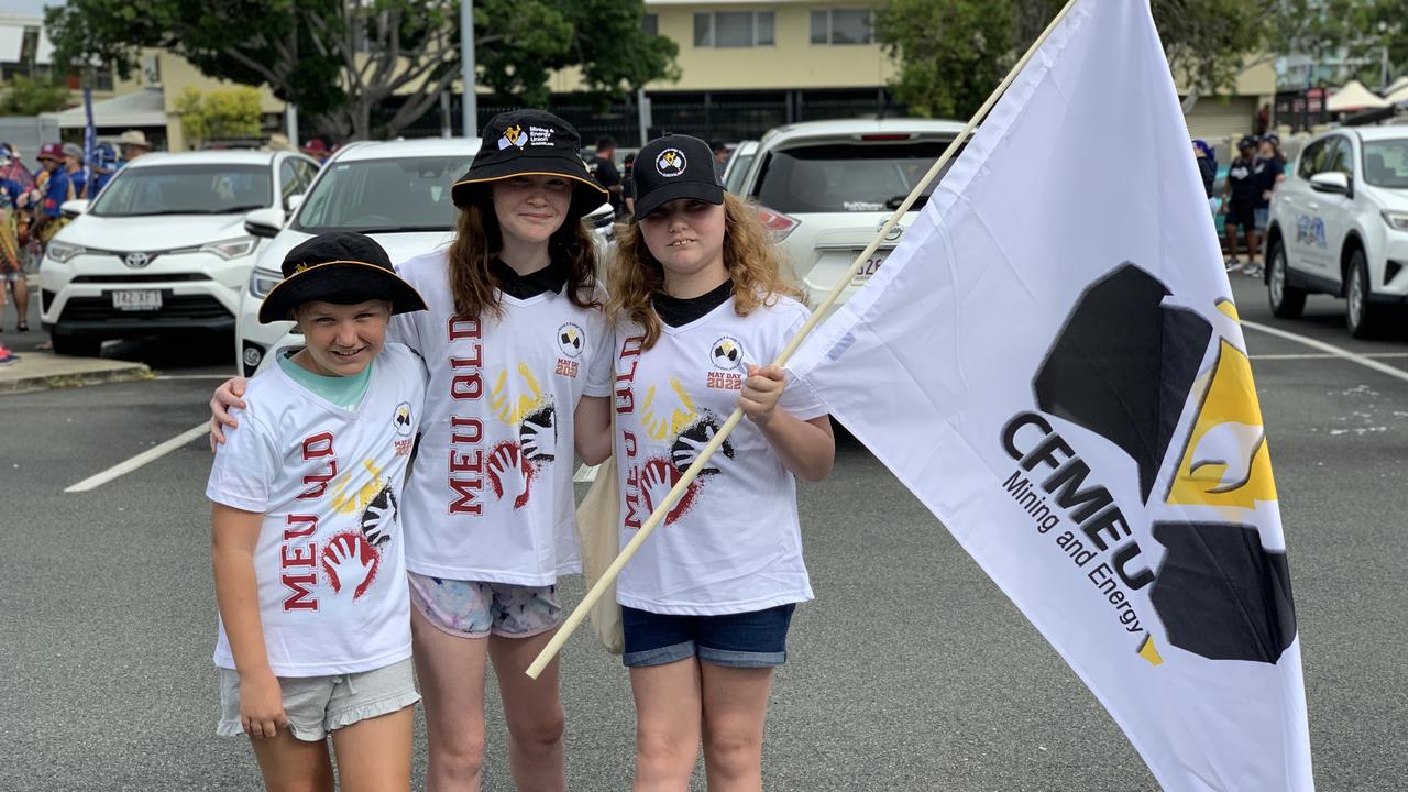 (From left to right) Emma Russell, Zoe Waldock and Tillee Collins at the Mackay Labour Day march on May 2, 2022. The three schoolchildren have parents in the CFMEU. Picture: Duncan Evans