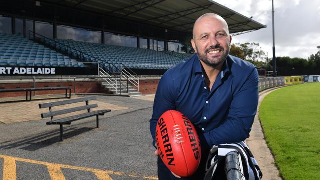 Former Port Adelaide SANFL (1985-97) player George Fiacchi poses for a photograph at Alberton Oval, Alberton, Adelaide on Friday the 1st of May 2020.  George has outlined a plan to help the Magpies remain in the SANFL. (Keryn Stevens/AAP)