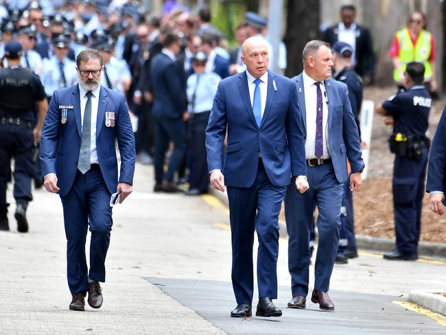 Federal Opposition Leader Peter Dutton at the memorial service with full police honours for constables Rachel McCrow and Matthew Arnold at Brisbane Entertainment Centre. Picture: John Gass/NCA NewsWire