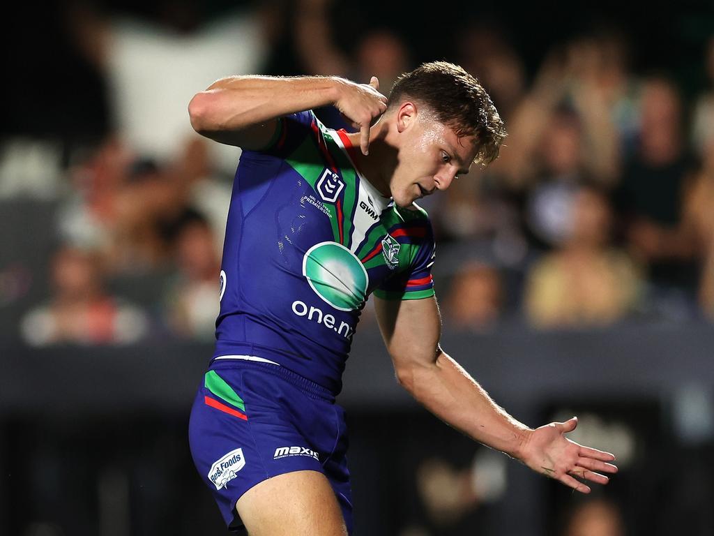 AUCKLAND, NEW ZEALAND - MARCH 08: Luke Metcalf of the Warriors celebrates scoring a try during the round one NRL match between New Zealand Warriors and Cronulla Sharks at Go Media Stadium Mt Smart, on March 08, 2024, in Auckland, New Zealand. (Photo by Phil Walter/Getty Images)