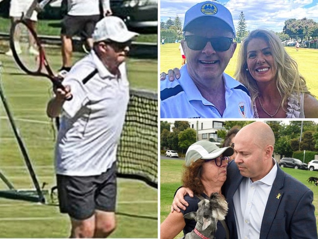 Clockwise from left: Anthony Albanese playing at the Cottesloe Tennis Club in Perth on Saturday; with a local player; Josh Frydenberg in Melbourne on Saturday.