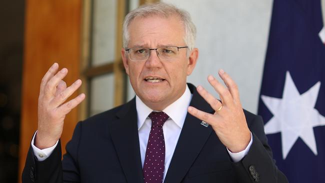 Prime Minister Scott Morrison spoke with the media during a press conference in Parliament House Canberra, after the national cabinet meeting. Picture: NCA NewsWire/Gary Ramage