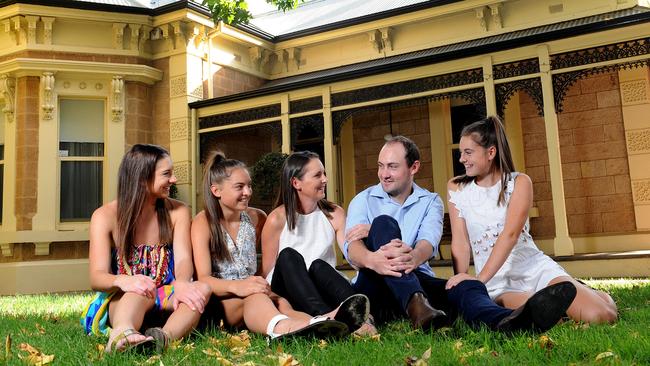 14/4/15. The Holland-Smith family live where sisters Violet and Ella Williams, "The Chocolate and Banana Ladies", baked food for returned soldiers from WW1 at the Keswick Barracks. Sophie,21yrs, Lucy- 18yrs, mum Brigid, Sam - 24ys and Kate - 16yrs outside their house. Pic Keryn Stevens