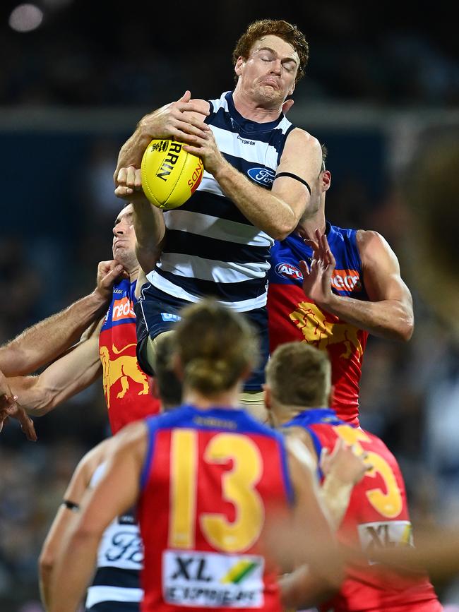 Gary Rohan takes a mark against the Lions in round two. (Photo by Quinn Rooney/Getty Images)