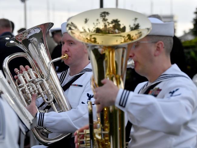 Dawn Service at Anzac Park for 83rd commemoration of Battle of Coral Sea. US Seventh Fleet Band member Musician 3rd Class Sean Eberlin. Picture: Evan Morgan