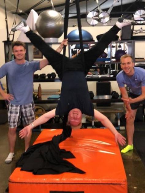 A photo from Peter Hitchener doing some aerial yoga. Picture: Instagram