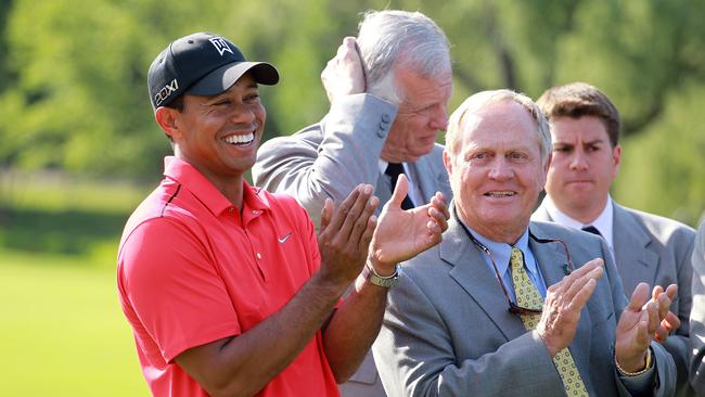 Tiger Woods shares a laugh with Jack Nicklaus