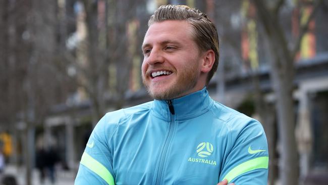 SYDNEY, AUSTRALIA - SEPTEMBER 14: Jason Cummings speaks with media during a Socceroos squad announcement at King St Wharf on September 14, 2022 in Sydney, Australia. (Photo by Lisa Maree Williams/Getty Images)