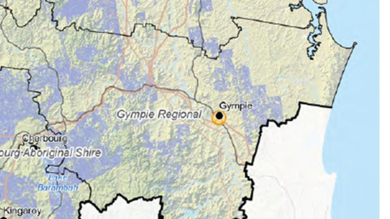 Several parts of the Gympie region are under investigation by the state government (blue shades on the map) as to their potential to host wind farms in the future.