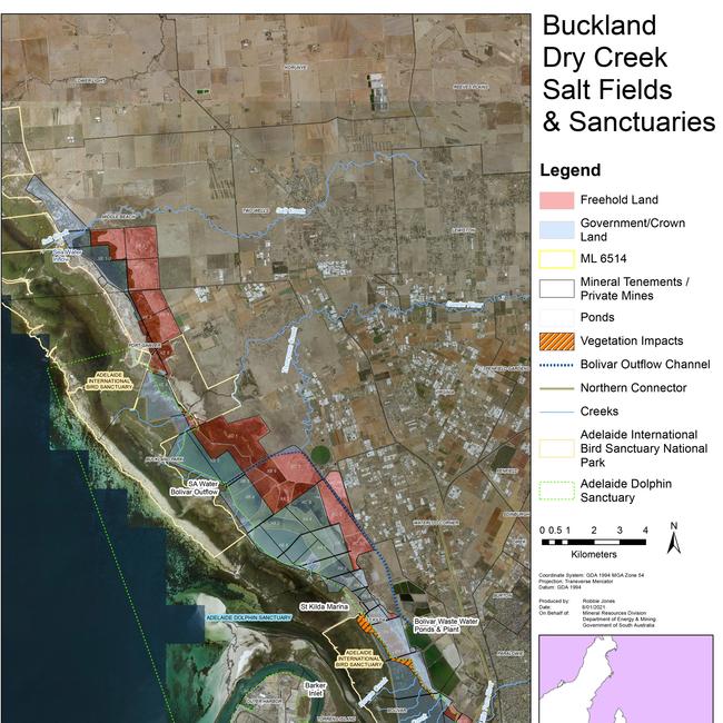 Aerial map: Buckland Dry Creek Salt Fields and sanctuaries and vegetation impacts. Source: Department for Energy and Mining