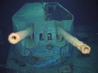 HMAS Sydney II’s “B” turret, showing its missing roof armour. Picture: WA Museum and Curtin University. Copyright WA Museum.