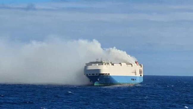 A fire broke out on Wednesday on the Felicity Ace, a vehicle-transport ship, shown here in a photo provided by the Portuguese navy.