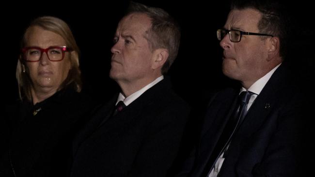 Lord Mayor Sally Capp, Bill Shorten MP and Premier Daniel Andrews during the Dawn Service. Picture: Getty Images