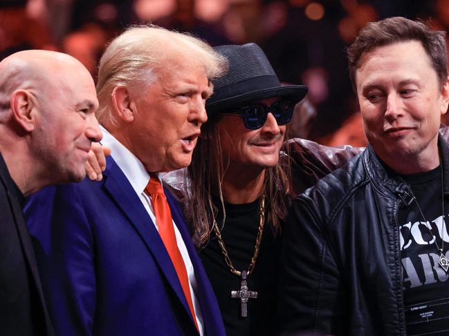 CEO of Ultimate Fighting Championship Dana White, US President-elect Donald Trump, singer Kid Rock and Tesla and SpaceX CEO Elon Musk pose for a photo as they attend UFC 309 at Madison Square Garden in New York. Picture: Kena Betancur / AFP