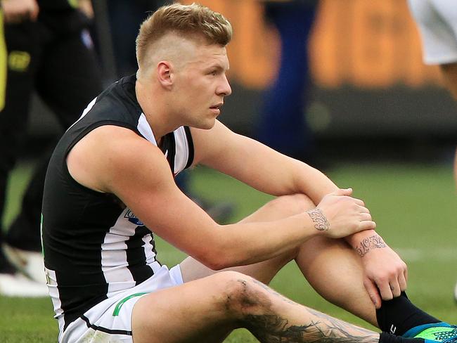 The 2018 AFL Premiership Grand Final. Collingwood Magpies v West Coast Eagles at the MCG. A dejected Collingwood's Jordan De Goey post match. Picture: Mark Stewart