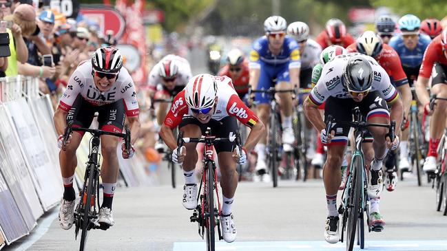 Eventual winner after protest Jasper Philipsen, left, with Caleb Ewan, middle, and Peter Sagan. Picture Sarah Reed