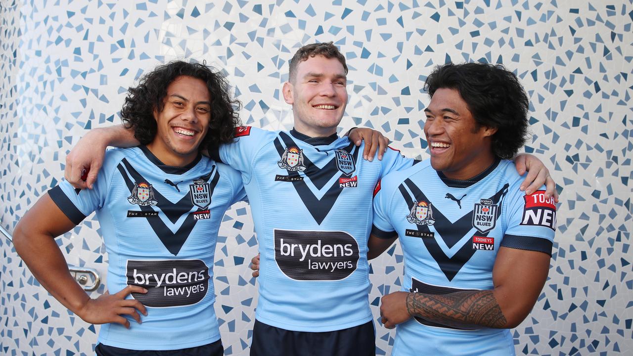 Brydens Lawyers NSW Blues State of Origin team photo at Coogee Surf Club this morning ahead of this year's competition. Pictured is (left) Jerome Luai, Liam Martin and Brian To'o. Picture: David Swift