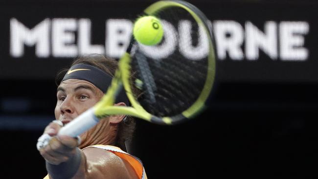 Spain's Rafael Nadal makes a forehand return to Greece's Stefanos Tsitsipas. Picture: Aaron Favila/AP