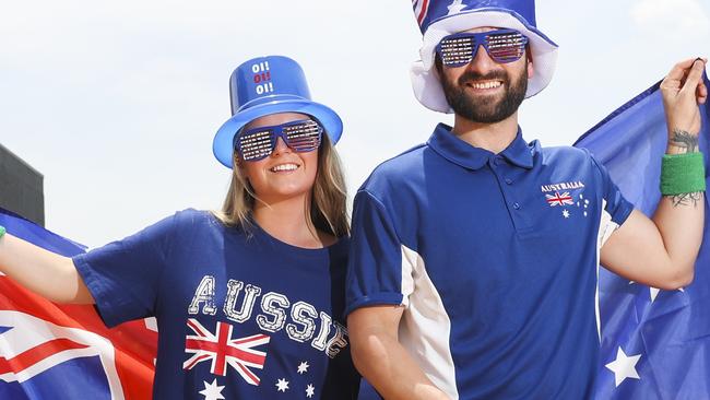 NEWS360 - Bella Nilsson and Adrian Fowler with Aussie products made in China.Picture: Dylan RobinsonAdrian wears:Australian Day top hat from ALDI, made in ChinaAustralia Day polo imported by The Reject Shop, made in ChinaAustralia Day Shorts from Coles, designed in Australia, made in ChinaNovelty glasses from Coles, designed in Australia, made in ChinaAussie sweatband from Woolworths, made in ChinaAustralia Day thongs imported by The Reject Shop, made from ChinaAussie Day cooler backpack for 24 cans from Woolworths, designed by California Innovations, Canada, made in ChinaBoth are holding and Australian flag from ALDI, made in ChinaBella wears:Australia Day novelty hat from Kmart, made in ChinaAustralia Day T-shirt from ALDI, made in BangladeshAussie sweatband from Woolworths, made in ChinaAustralia Day thongs from Woolworths, made in China for Australian owned company Cooee Brands