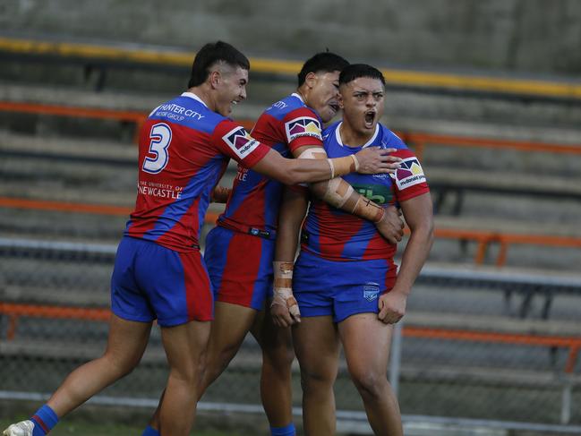 The Knights celebrate a try. Picture: Warren Gannon Photography