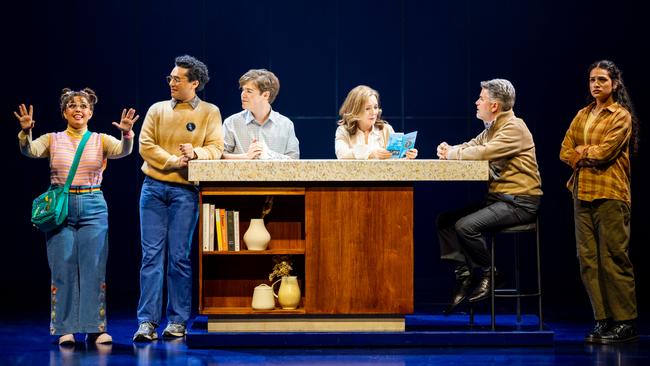 (L-R) Carmel Rodrigues, Jacob Rozario, Beau Woodbridge, Natalie O'Donnell, Martin Crewes and Georgia Laga'aia in Sydney Theatre Company and Michael Cassel Group's Dear Evan Hansen, 2024. Picture: Daniel Boud