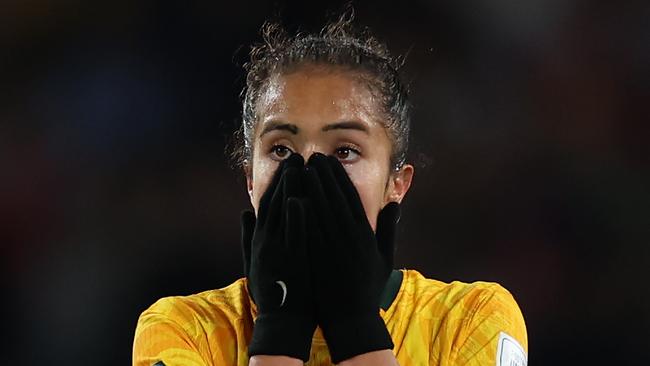 Matilda Mary Fowler looks dejected after the team's 3-1 defeat against England on Wednesday. Picture: Getty Images