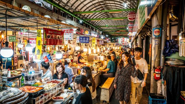 Food stalls at the popular Gwangjang market.