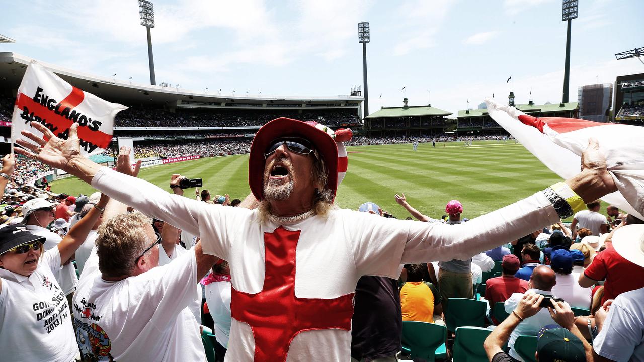 The fifth Ashes Test at Sydney Cricket Ground today. Pictured is leader of the Barmy Army Vic Flowers leading a chant in the crowds.
