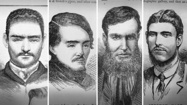 Newspaper illustrations of Ned Kelly, Dan Kelly, Joe Byrne and Steve Hart. Picture: State Library of Victoria