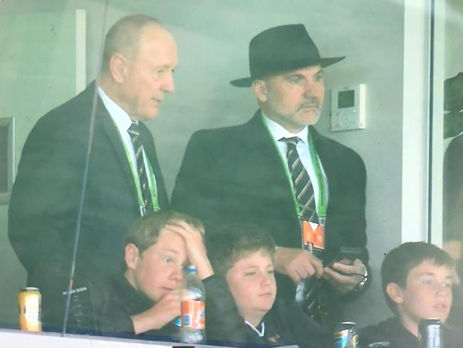 The Tigers' brainstrust of Tim Sheens and Lee Hagipantelis look on Leichhardt Oval. Pic: Fox League