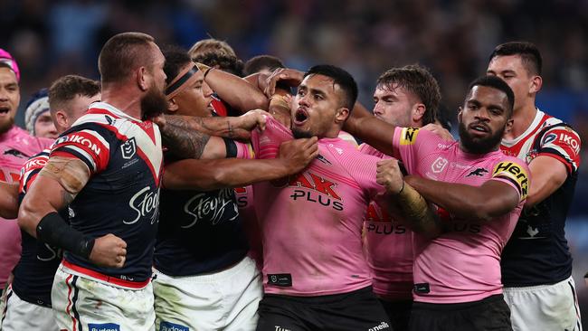 Jared Waerea-Hargreaves and Spencer Leniu were both sin-binned over an ugly confrontation as the Panthers demolished the Roosters. Picture: Getty Image.